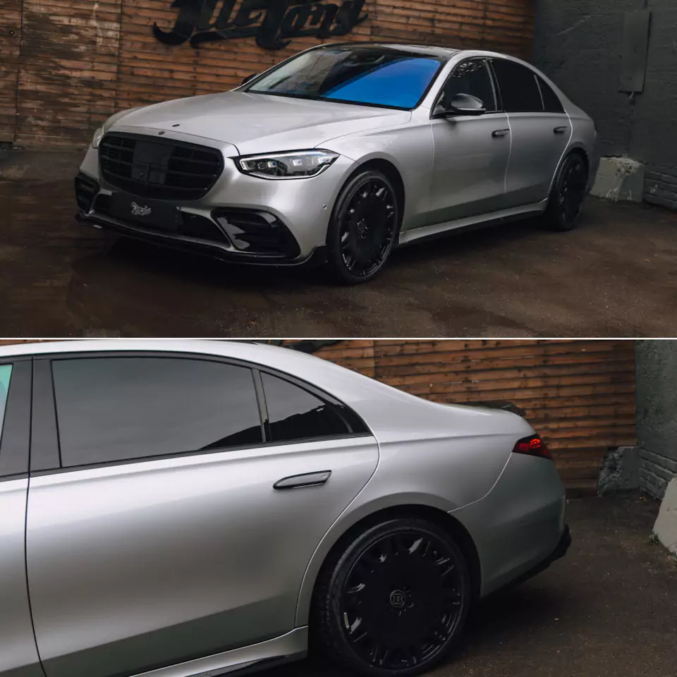 Оклеили Mercedes W223 цветным матовым полиуретаном оттенка Matt Aluminium!